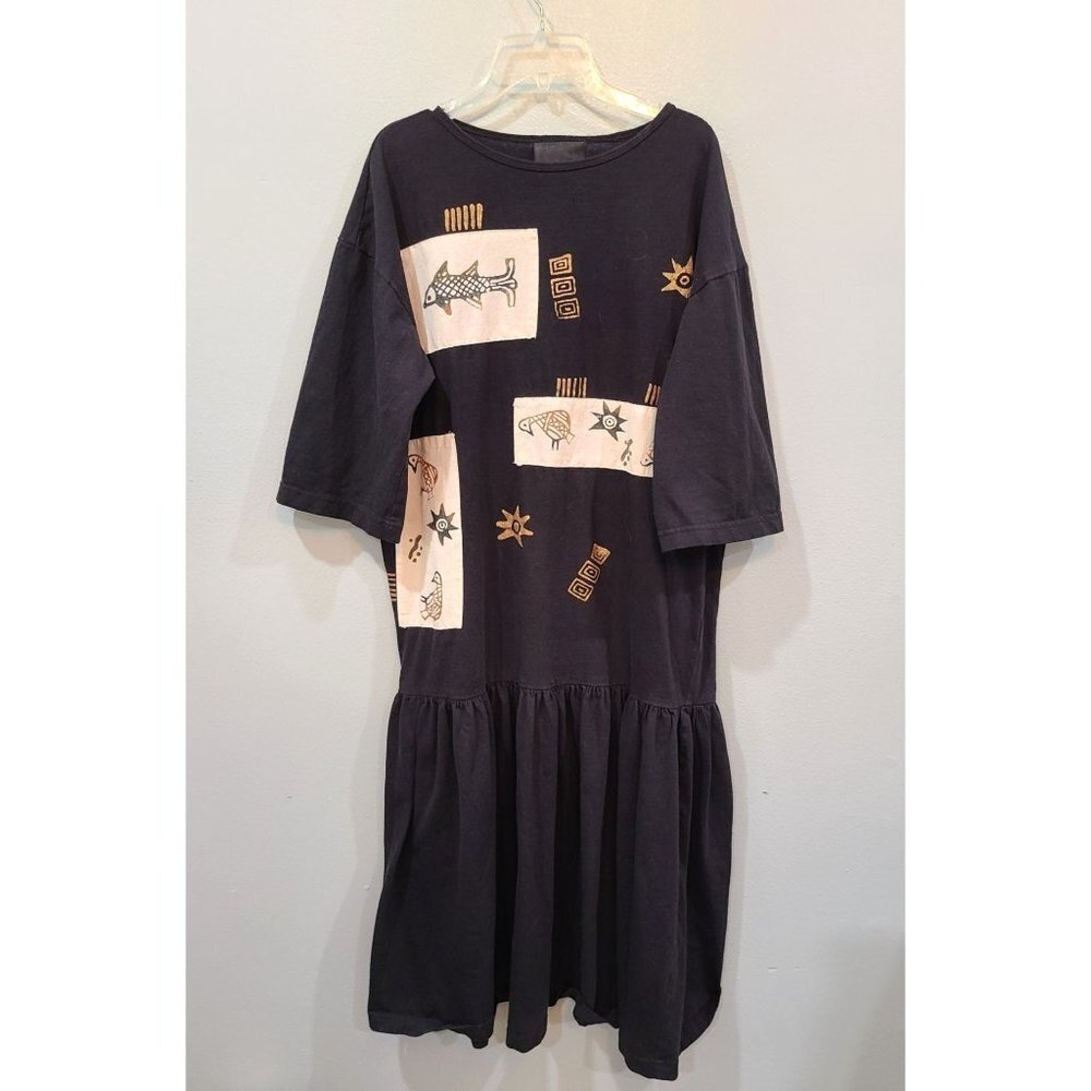Doodles Dress Women's Large Black Oversized Midi Graphic Tiered Boho Hippie Fall